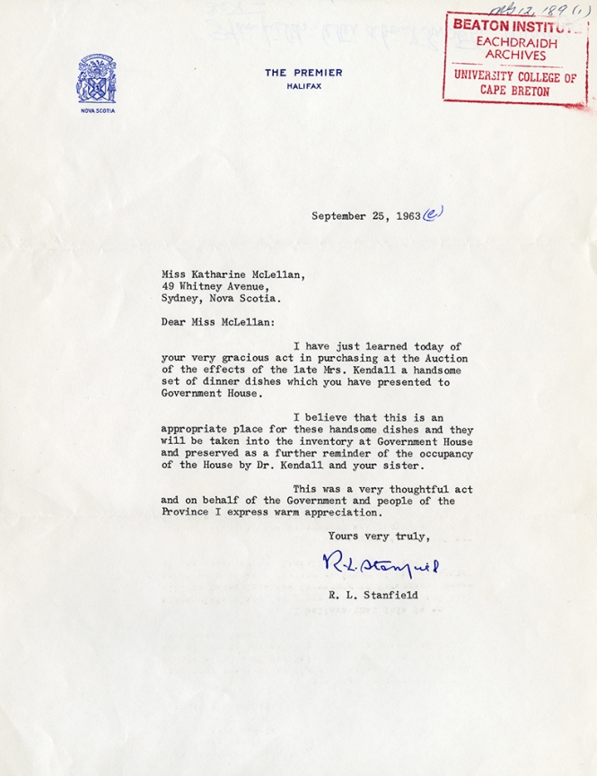Letter from Premier Robert Stanfield to Katharine McLennan